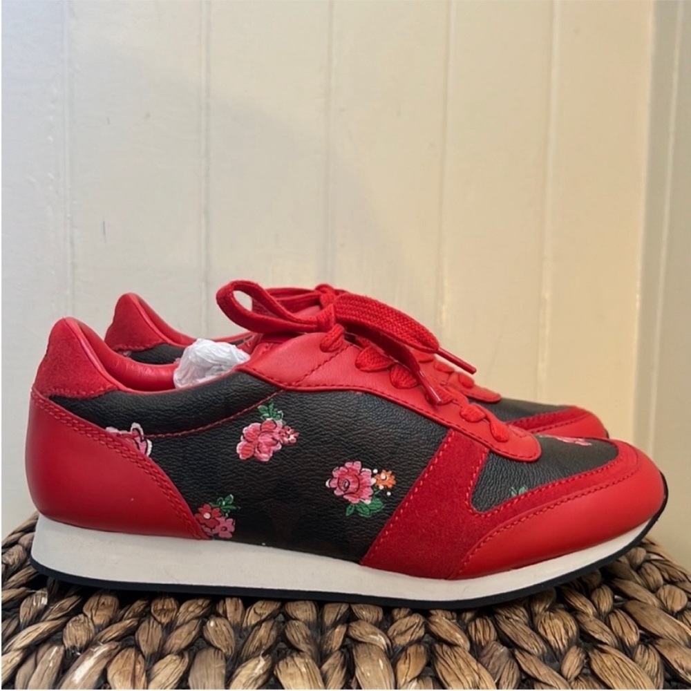 NIB Coach Rebecca II Signature Leather Sneakers in Mahogany & Red Floral Print